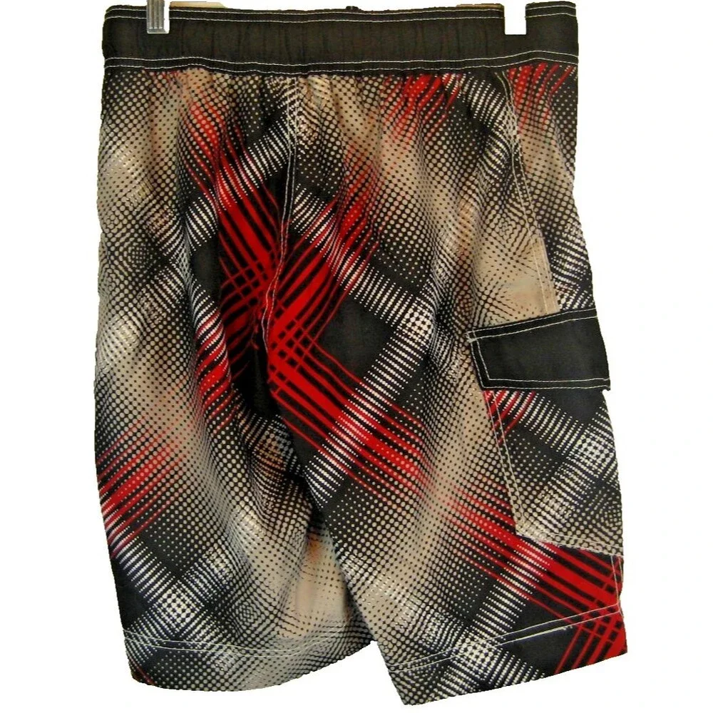 Mens OP Ocean Pacific Poly Black Checked Swim Trunks Board Shorts sz S(28-30)